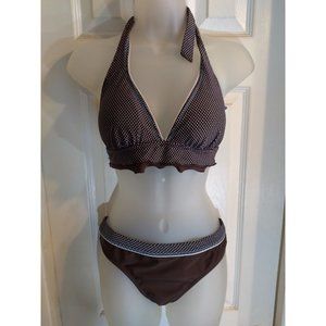 VM Swimsuit 3 Pc Halter Top Bikini Bottom & Skirted Bottom Sz M Brown